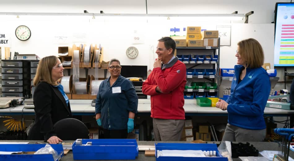 NAM President and CEO Jay Timmons and Manufacturing Institute Executive Director Carolyn Lee participate in a tour of Bishop-Wisecarver Corp. during a visit on Feb. 26, 2019, in Pittsburg, California. Photo by David Bohrer.