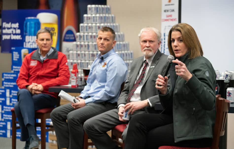 Timmons participates in a tour of the water canning operation on Feb. 19 at the Anheuser-Busch facility in Fort Collins, Colorado.