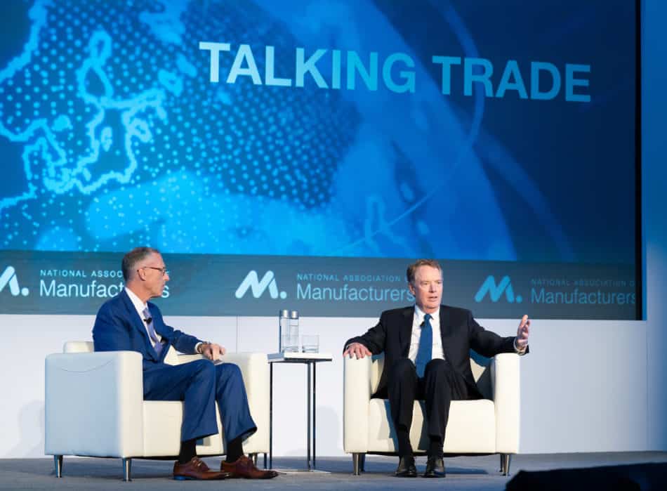 James Fitterling, NAM Board vice chair and chairman and CEO of Dow, Inc., joins U.S. Trade Representative Robert Lighthizer for a discussion on the USMCA and critical trade issues at the NAM board meeting in September 2019 in Washington, D.C.