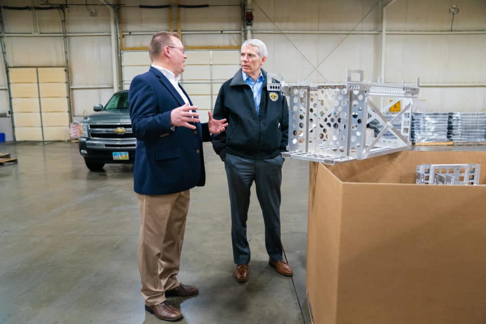 Sen. Rob Portman (R-OH) greets Steve Staub, president of Staub Manufacturing Solutions, on Feb. 20, 2019, at Staub Manufacturing Solutions in Dayton, Ohio, where he held a roundtable discussion with key industry and community leaders and toured the factory floor. The discussion was part of the NAM’s 2019 State of Manufacturing Tour. Photo by Joshua Roberts.