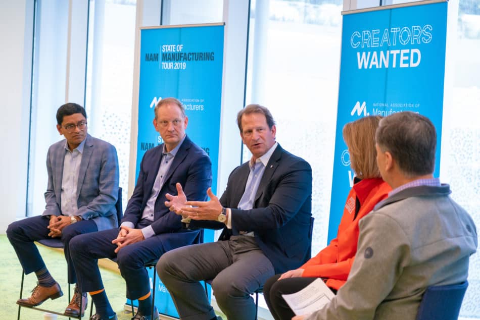 NAM President and CEO Jay Timmons and Manufacturing Institute Executive Director Carolyn Lee participate in a conversation on recruiting and retaining the next-generation workforce on Feb. 27, 2019, during a stop at Salesforce Tower in San Francisco. Joining them, from left, are Achyut Jajoo of Salesforce; Lance Hastings, CMTA president and CEO; and David Seaton, chairman and CEO of Fluor Corporation. Photo by David Bohrer.