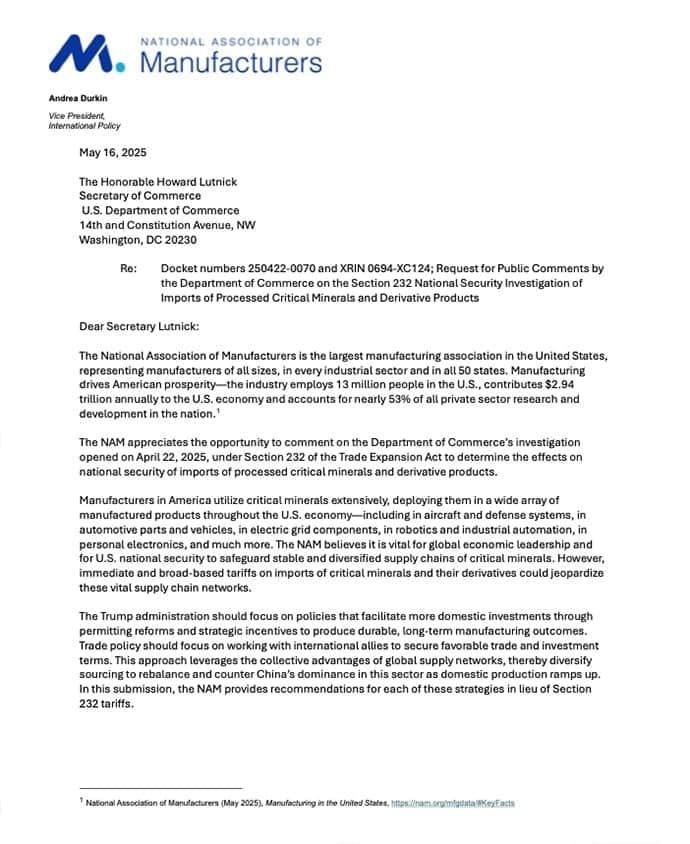 Comments  232 National Security Investigation of  Imports of Processed Critical Minerals ...