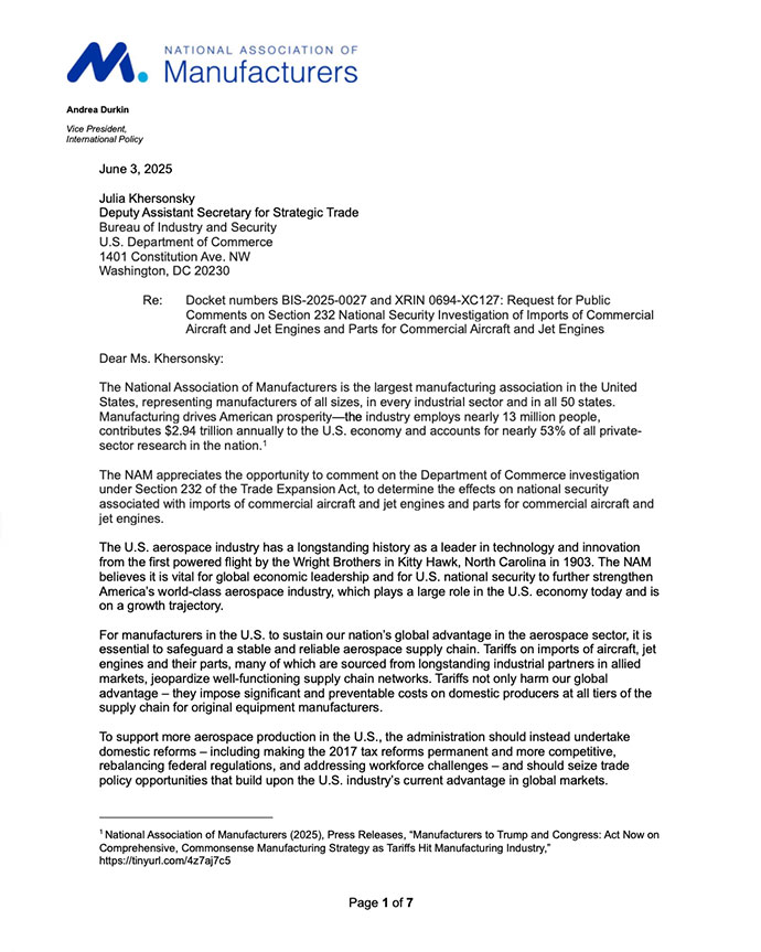 Comments on Section 232 National Security Investigation of Imports of Commercial Aircraft and Jet Engines and Parts