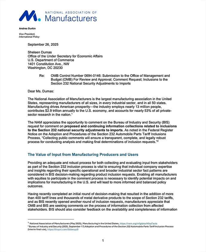 NAM Section 232 Metal Inclusion Information Collection Process Submission September 26 2025