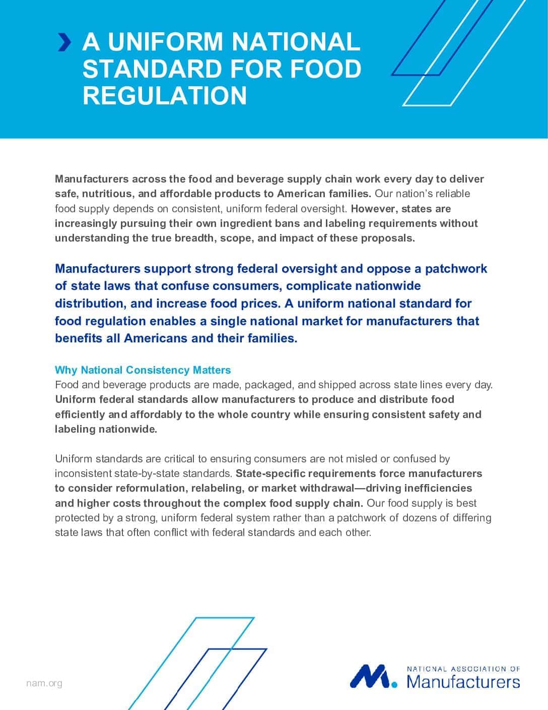 A UNIFORM NATIONAL STANDARD FOR FOOD REGULATION