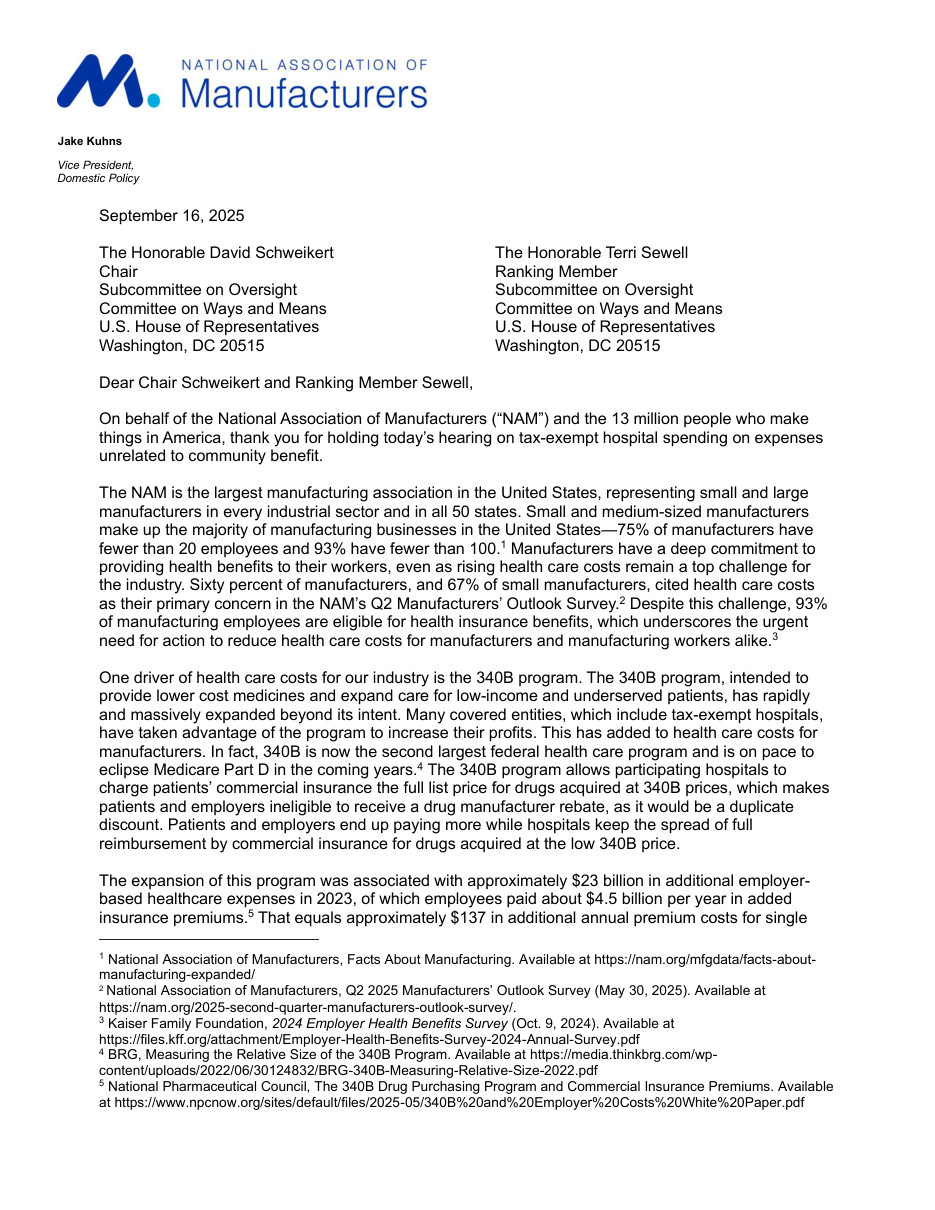 Letter to House Ways and Means on Tax-Exempt Hospitals and the 340B Program