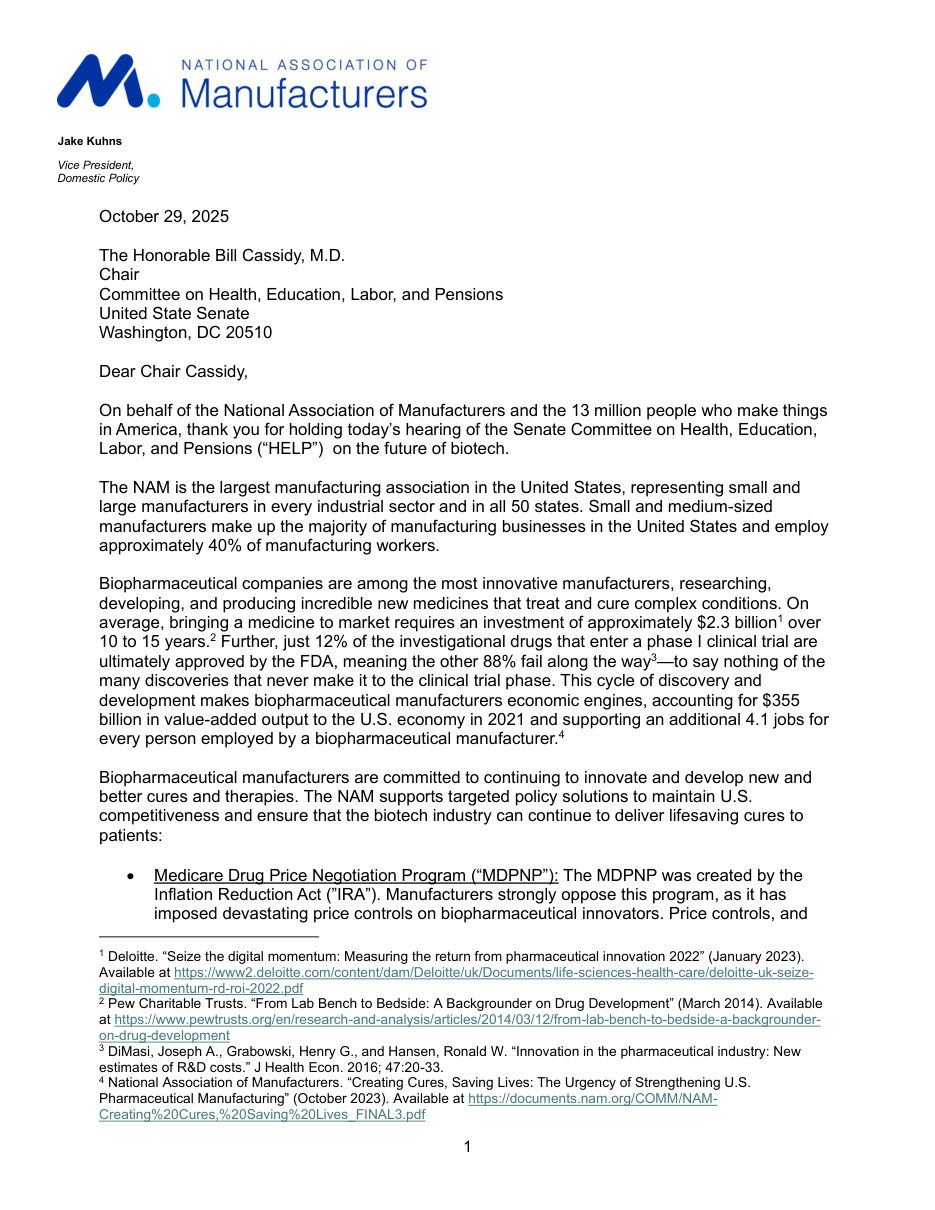 Letter to Senate HELP on the Future of Biotech