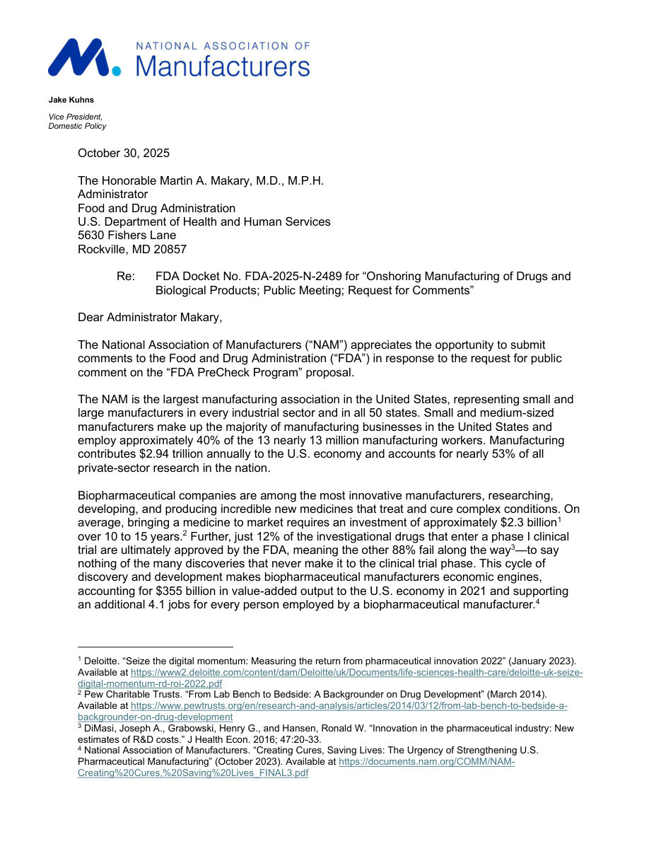 Comments on the FDA PreCheck Program for Onshoring Drug Manufacturing