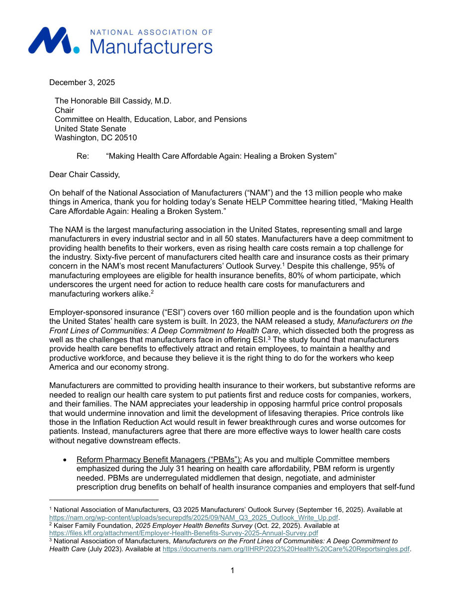 Letter to Senate HELP on Making Healthcare Affordable Again