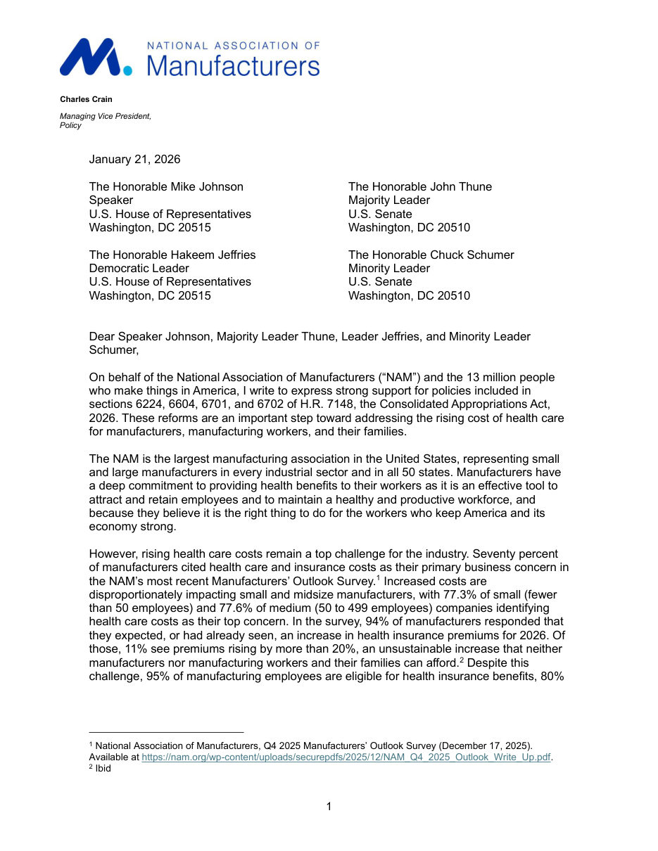 Letter Supporting Healthcare Reforms in the Consolidated Appropriations Act, 2026