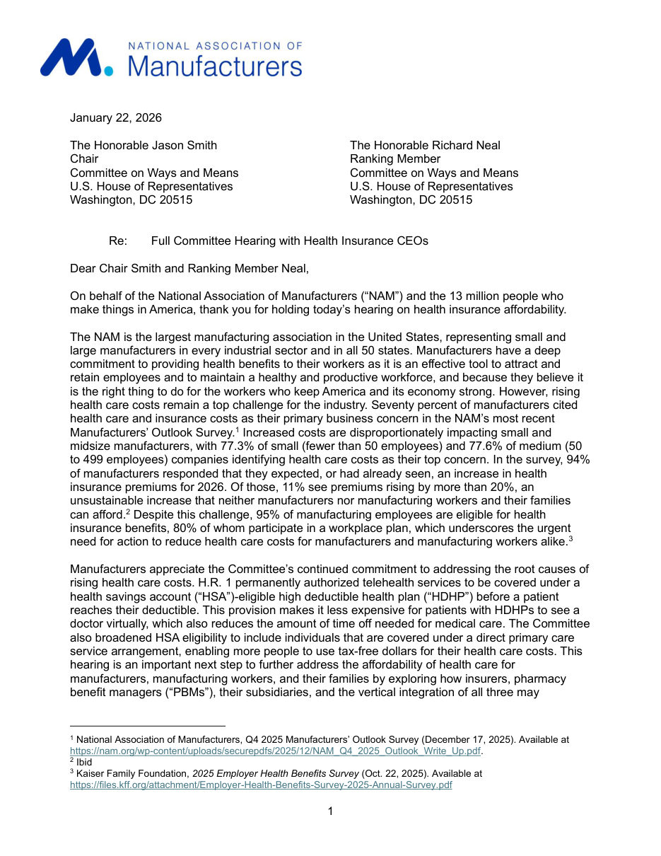 Letter to House Ways and Means for Its Hearing with Health Insurance CEOs