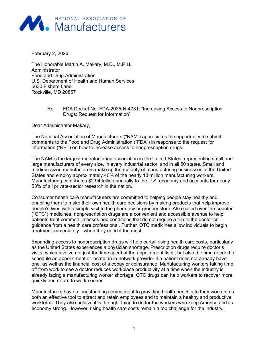 Comments on FDA’s RFI on Increasing Access to Nonprescription Drugs