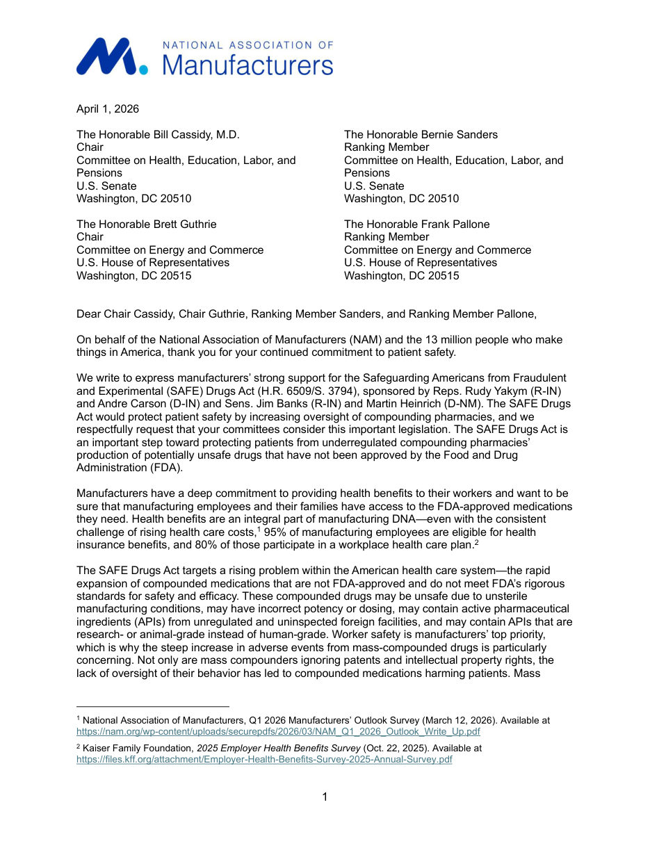 Letter Supporting the SAFE Drugs Act (H.R. 6509/S. 3794)