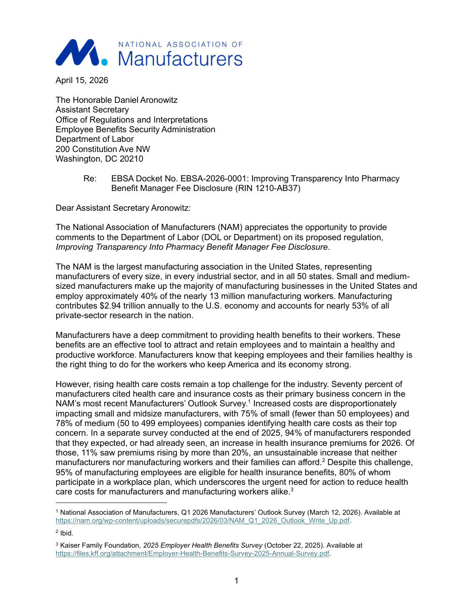 Comments on the Labor Department’s PBM Fee Transparency Rule