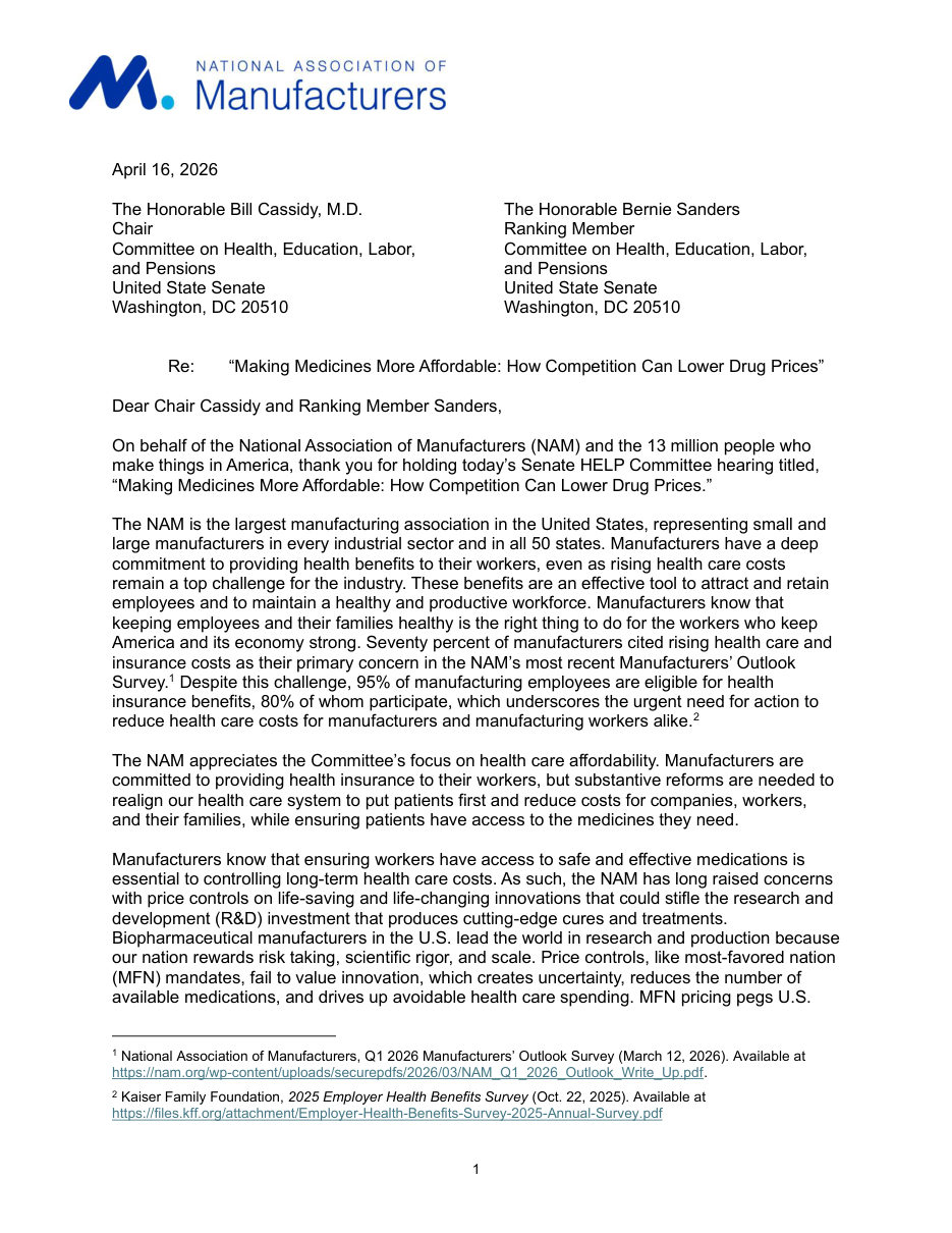 Letter to Senate HELP on Making Medicines More Affordable