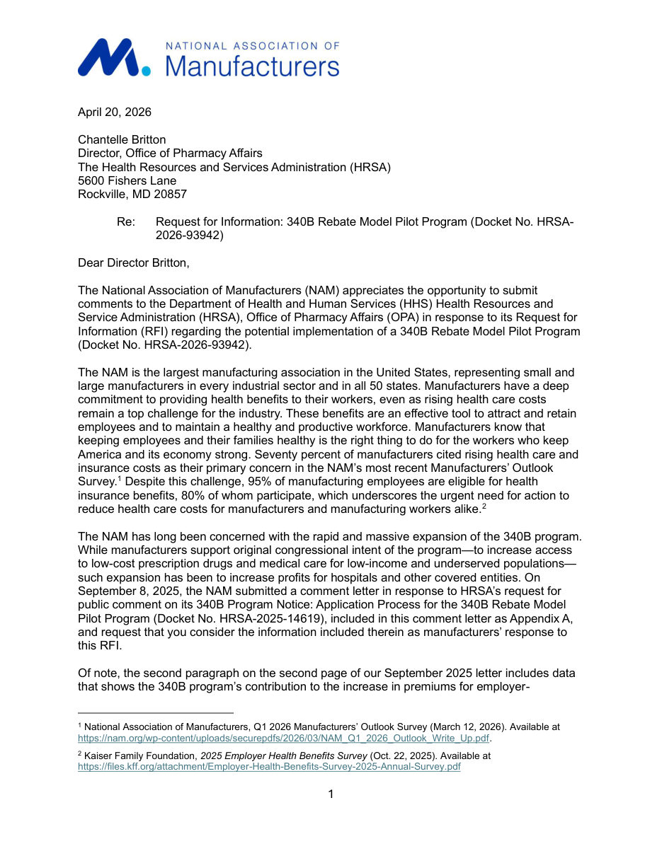 Comments to HRSA on the 340B Rebate Model Pilot Program