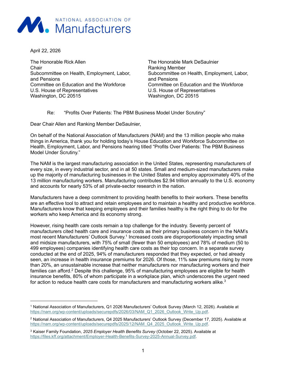 Letter to House Education and the Workforce on the PBM Business Model