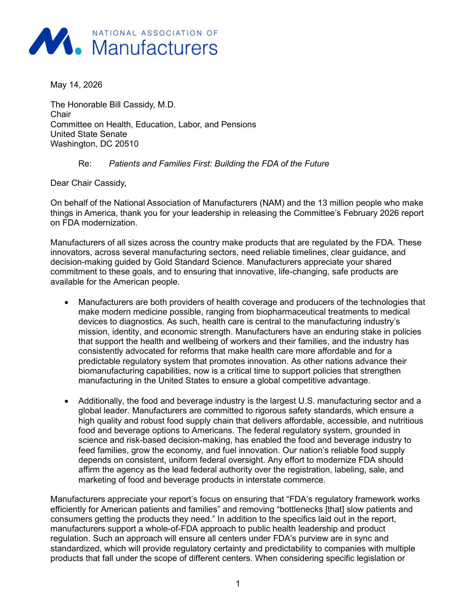 Letter to Senate HELP on Building the FDA of the Future