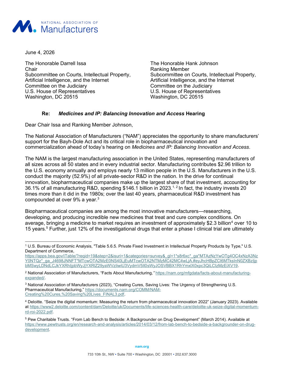 Letter to House Judiciary on Medicines and IP: Balancing Innovation and Access