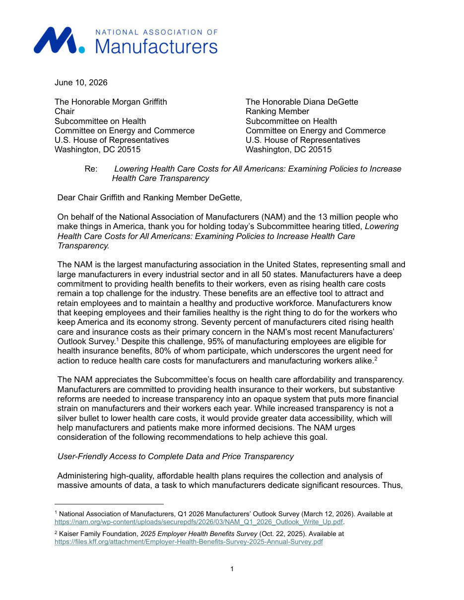 Letter to House Energy and Commerce on Healthcare Price Transparency