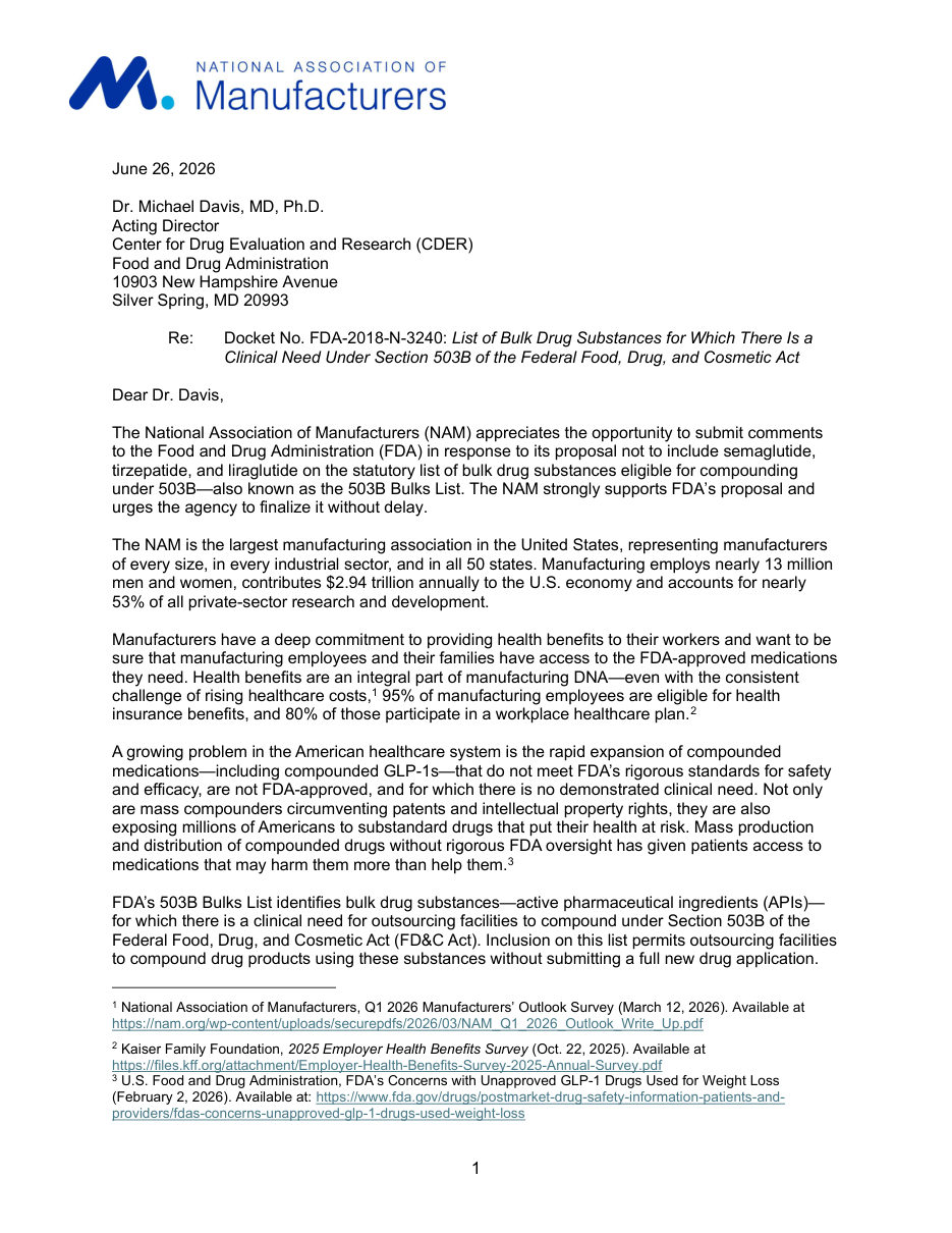 Comments on FDA’s Proposed Exclusion of GLP-1s from the 503B Bulks List
