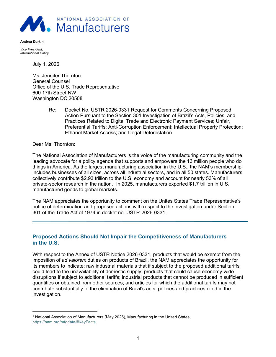 Section 301 Investigation of Brazil’s Acts, Policies and Practices