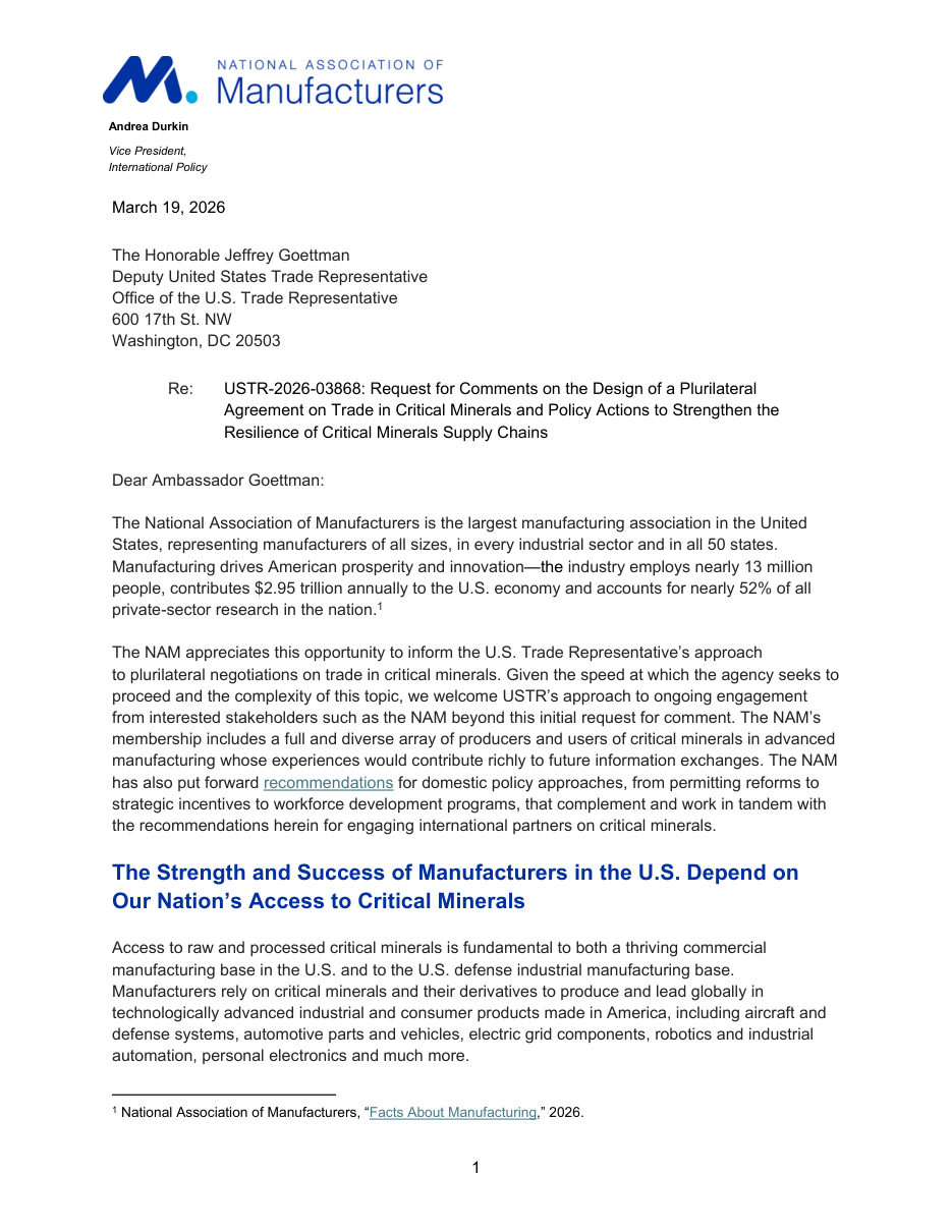 Comments on the Design of a Plurilateral Agreement on Trade in Critical Minerals