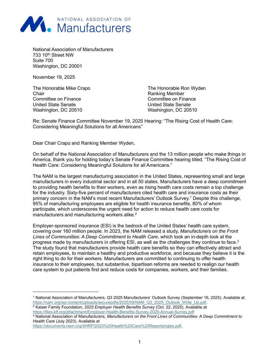 Letter to the Senate Finance Committee on the Rising Cost of Healthcare