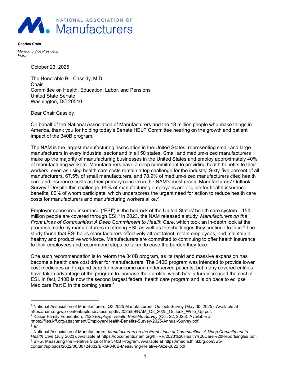 Letter to Senate HELP on the Growth and Patient Impact of the 340B Program
