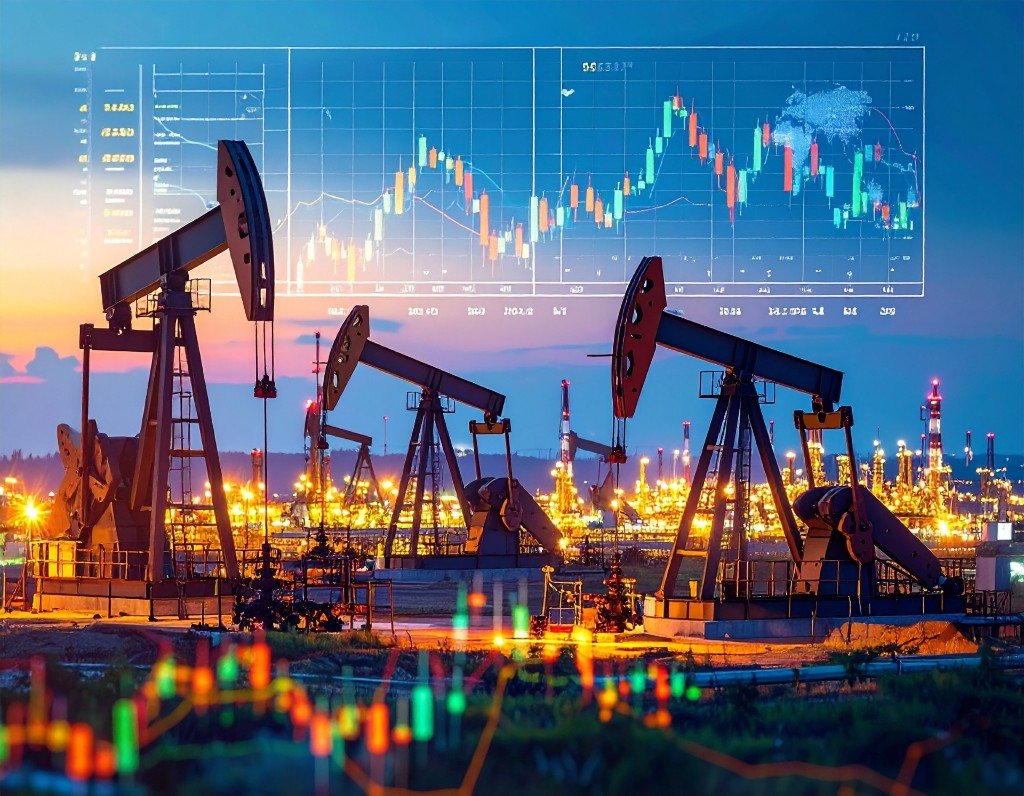 Oil pumpjacks at dusk beneath an energy market price chart